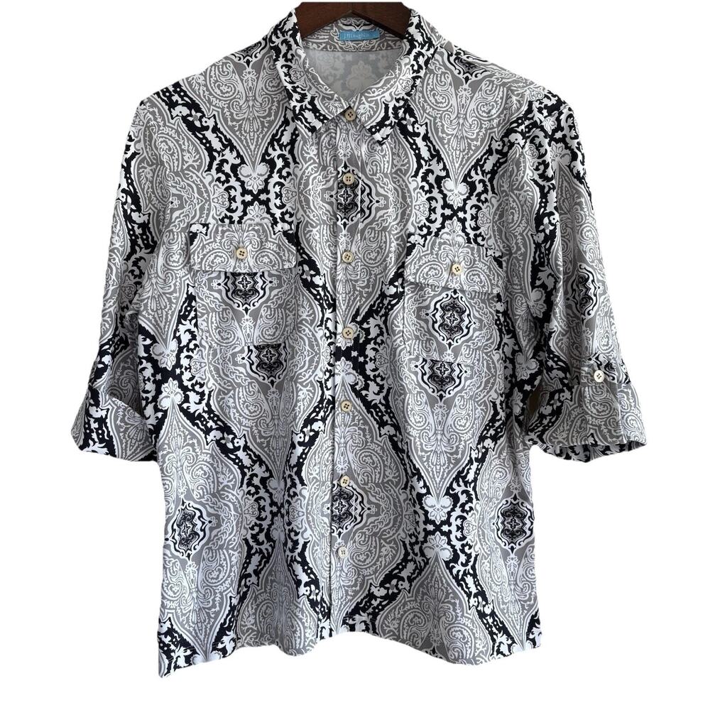 J McLaughlin Women’s Large Shirt Gray, Black, & White Catalina Cloth 1/2 Sleeve